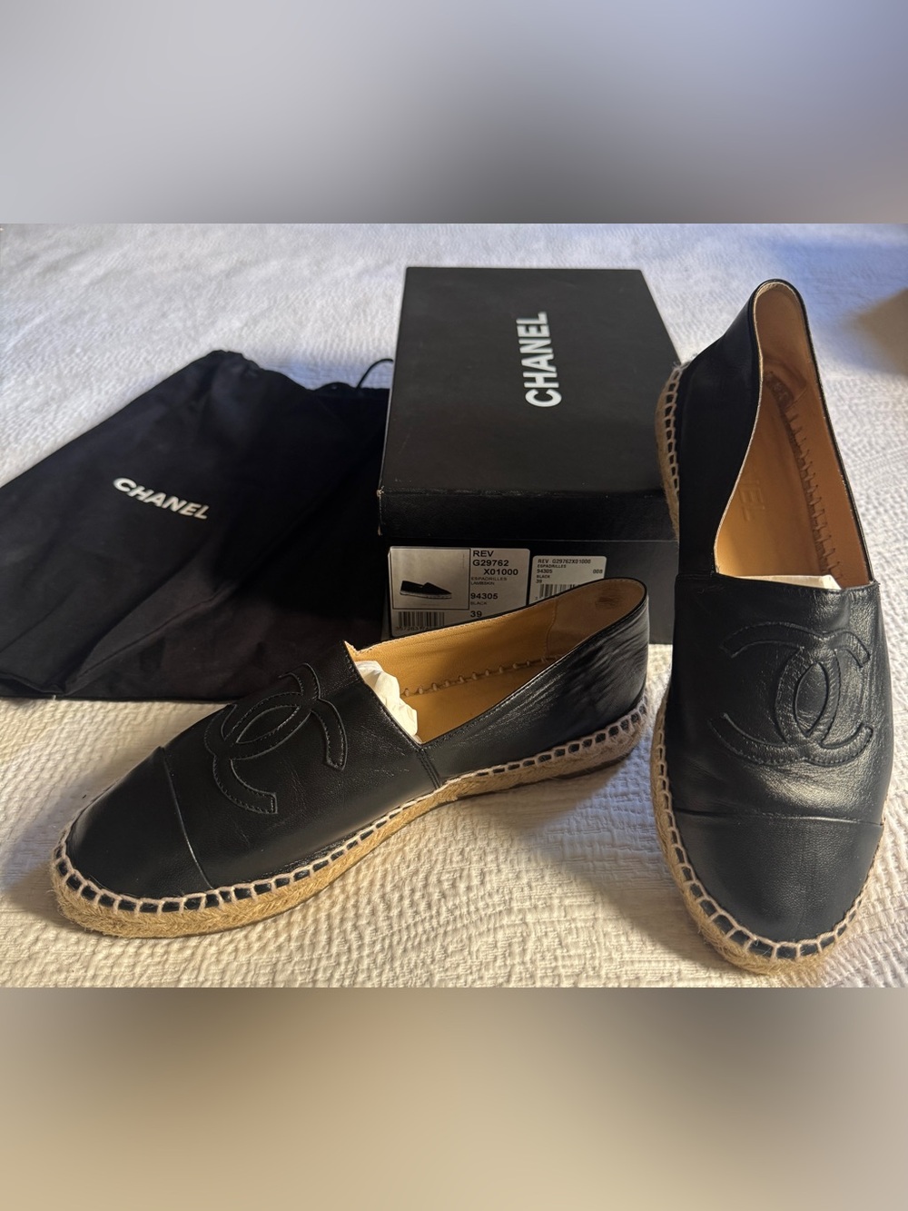 Chanel Rev Black Leather Espadrille Slip-On Shoes 39